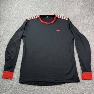 HELLY HANSEN Mens Large Black Red Lifa Stripe‎ Base Layer Top Long Sleeve
